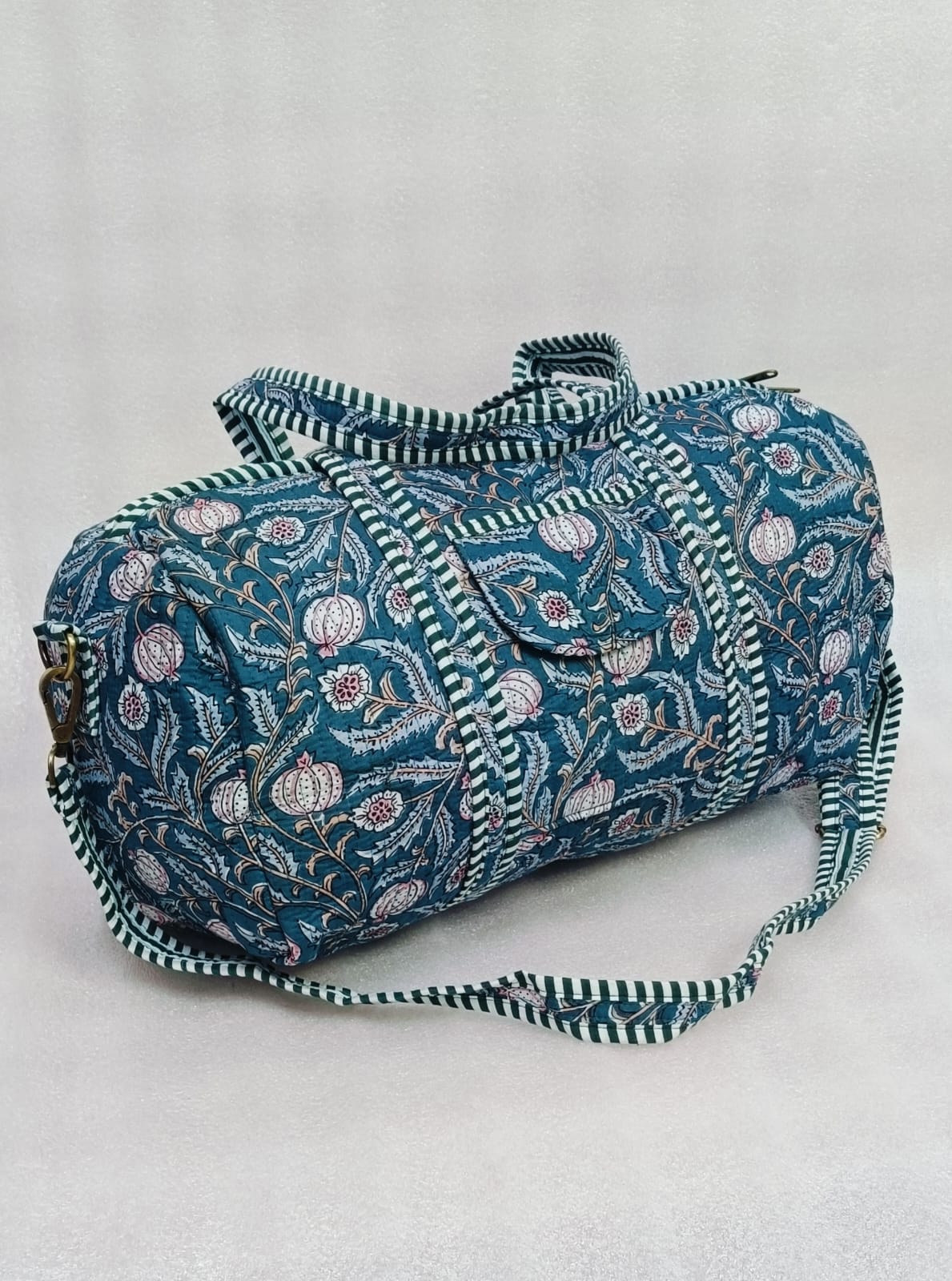 Block Printed Quilted Duffle Bag with Concealed Zip