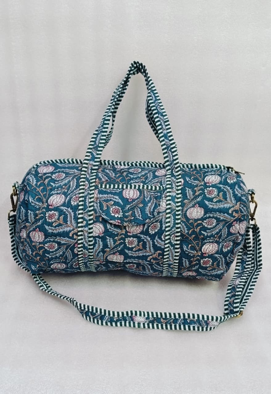 Block Printed Quilted Duffle Bag with Concealed Zip