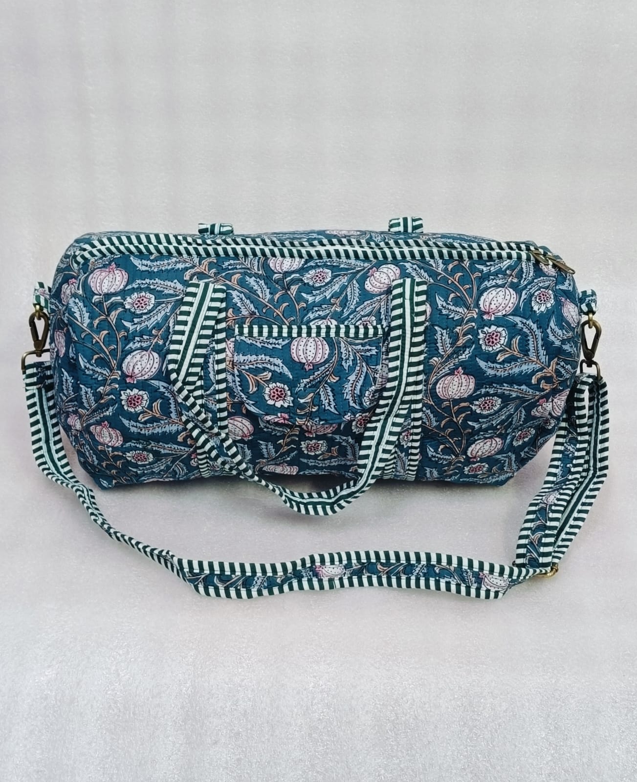 Block Printed Quilted Duffle Bag with Concealed Zip