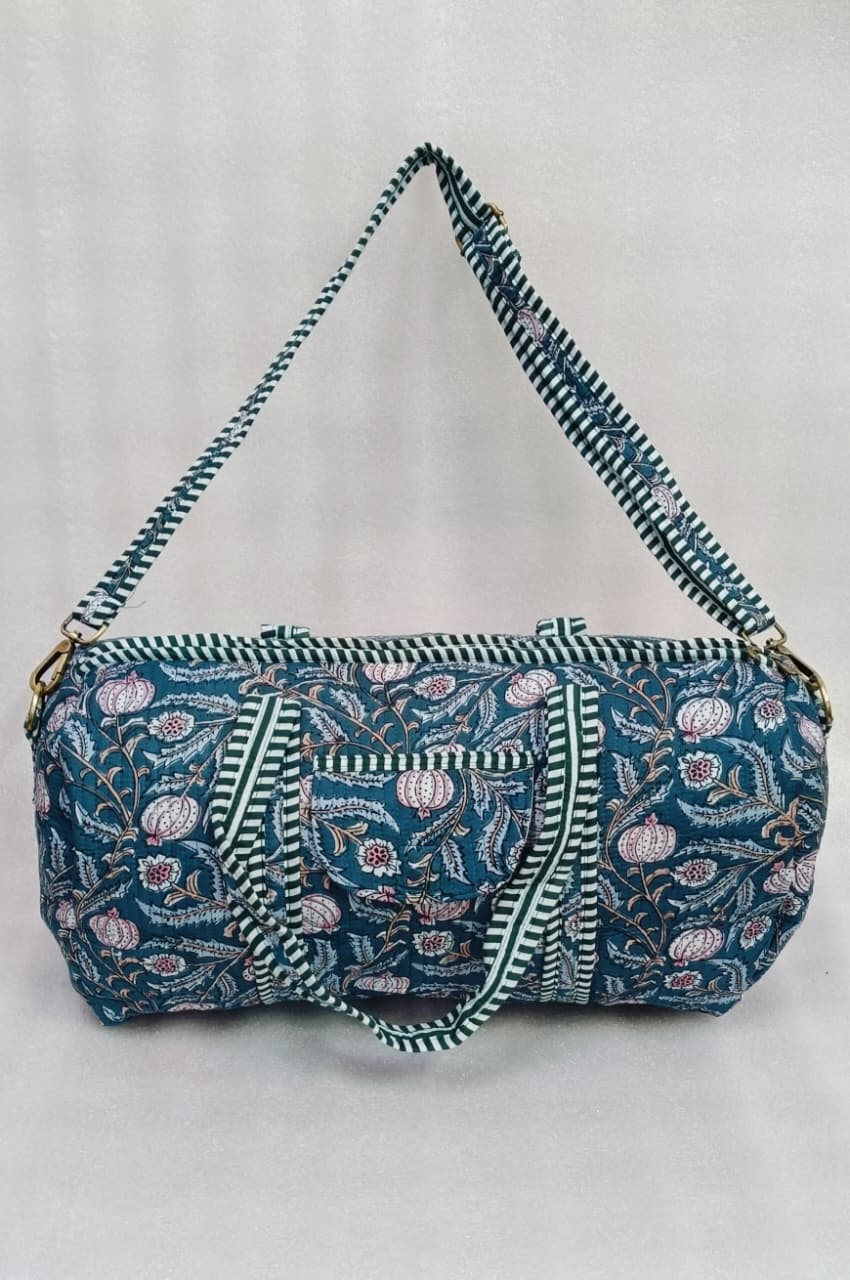 Block Printed Quilted Duffle Bag with Concealed Zip