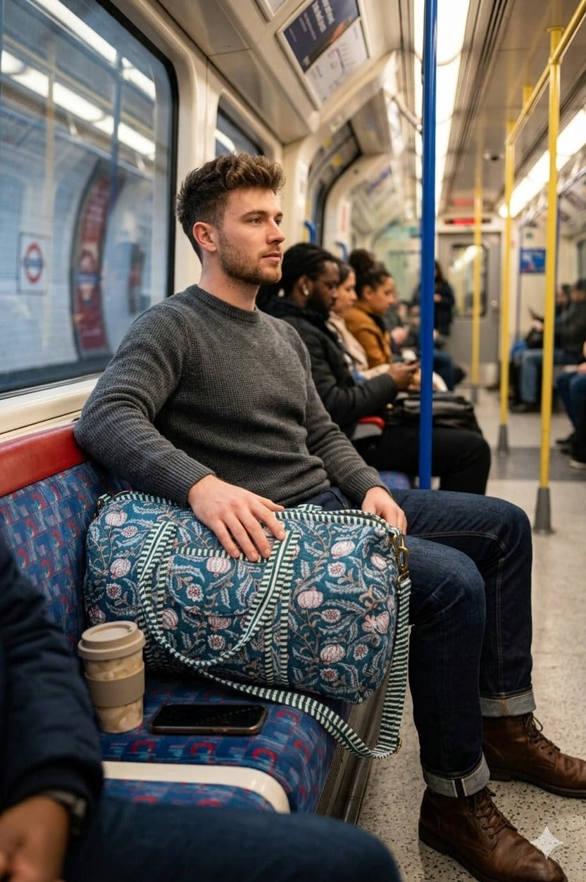 Block Printed Quilted Duffle Bag with Concealed Zip