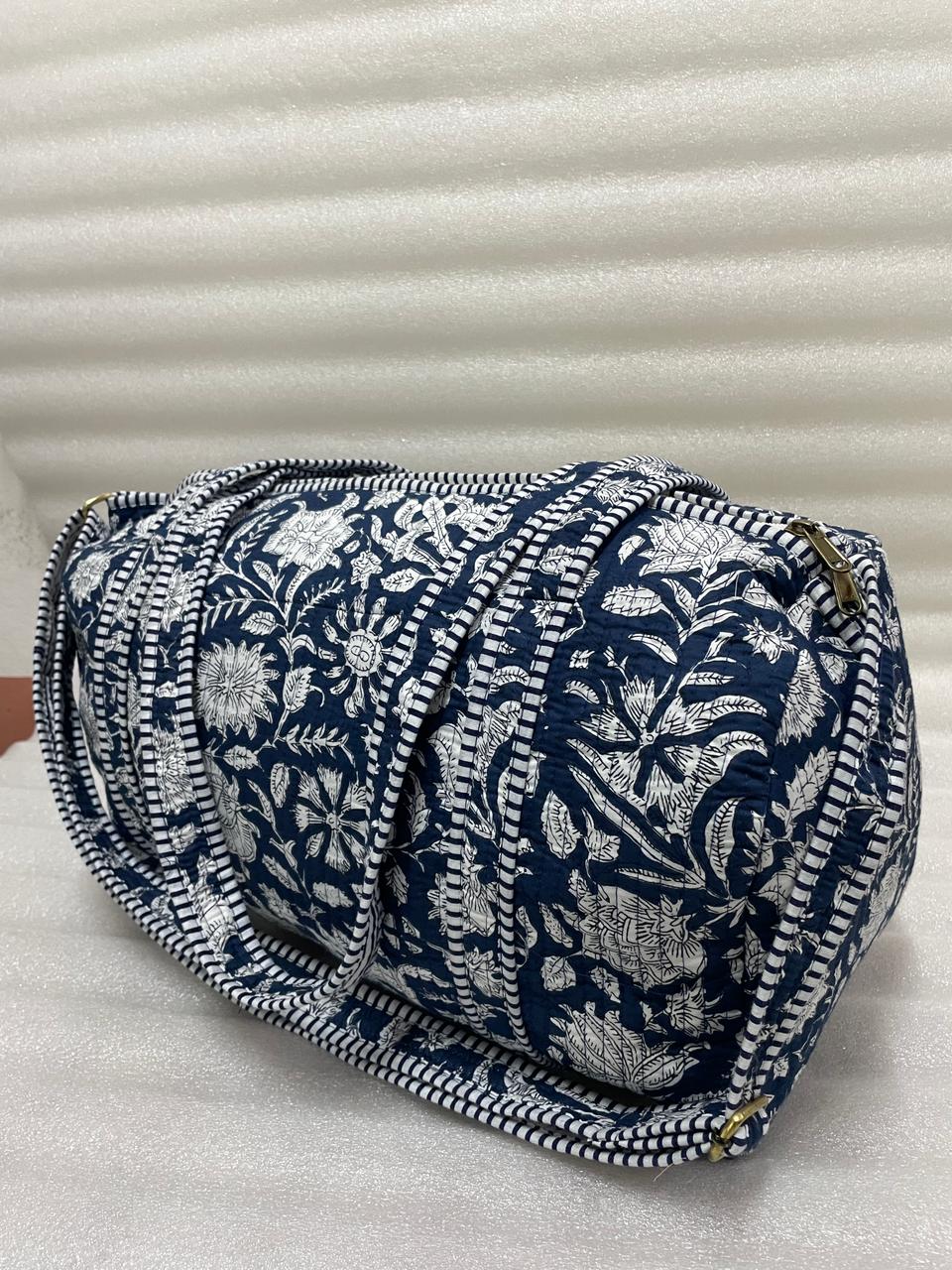 Block Printed Quilted Duffle Bag with Concealed Zip