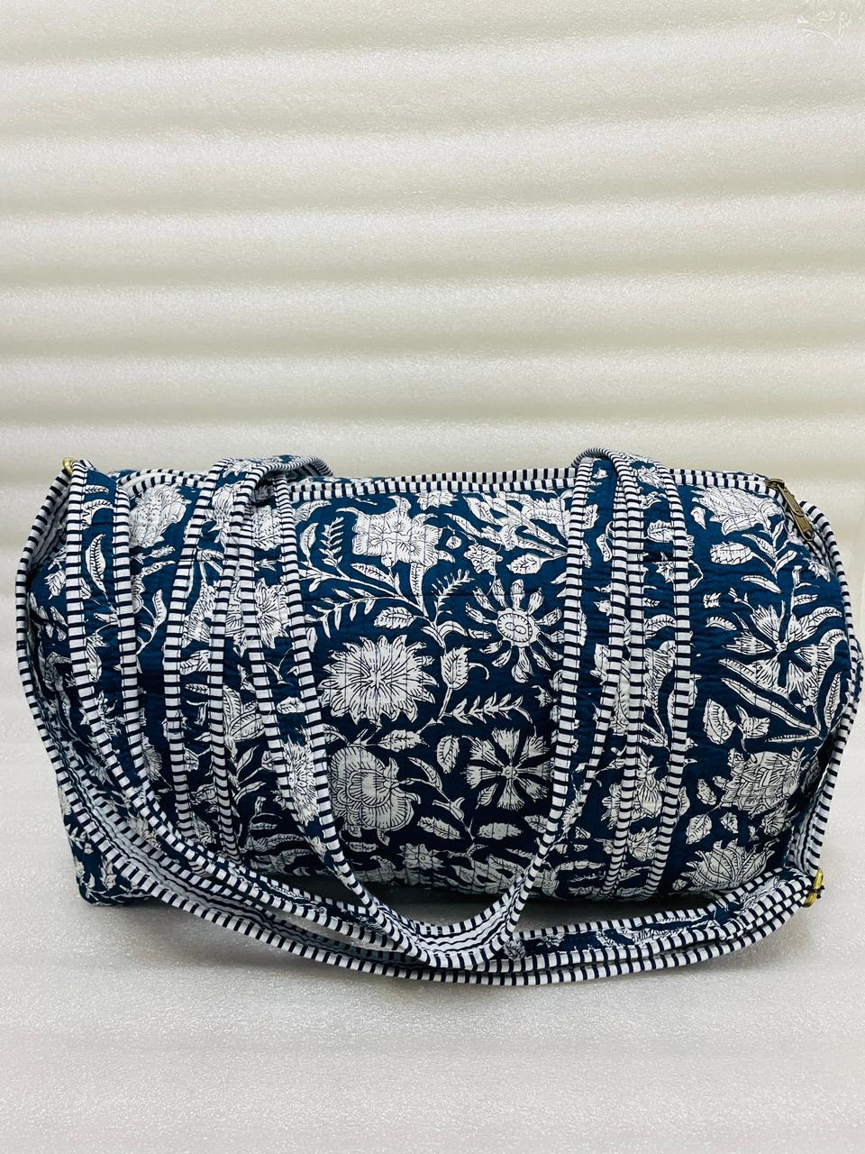 Block Printed Quilted Duffle Bag with Concealed Zip