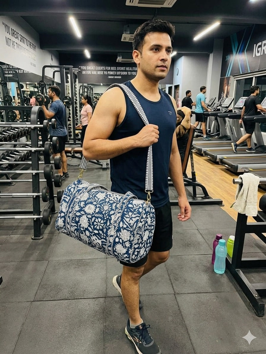 Block Printed Quilted Duffle Bag with Concealed Zip