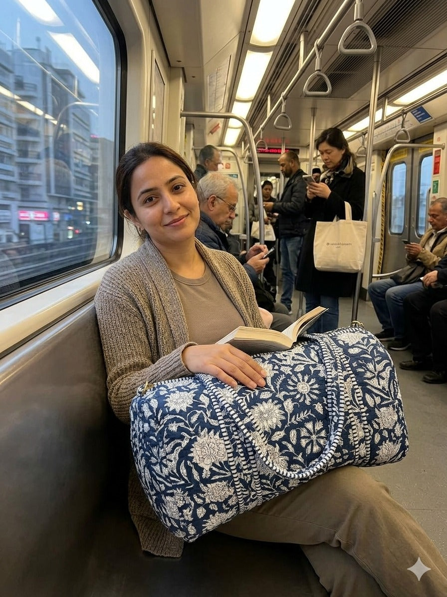 Block Printed Quilted Duffle Bag with Concealed Zip