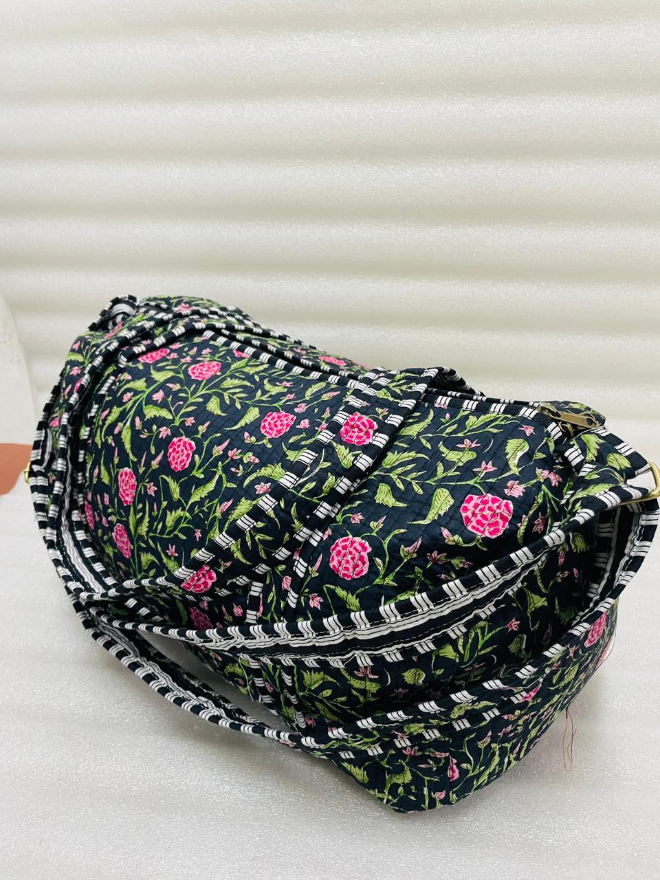 Block Printed Quilted Duffle Bag with Concealed Zip