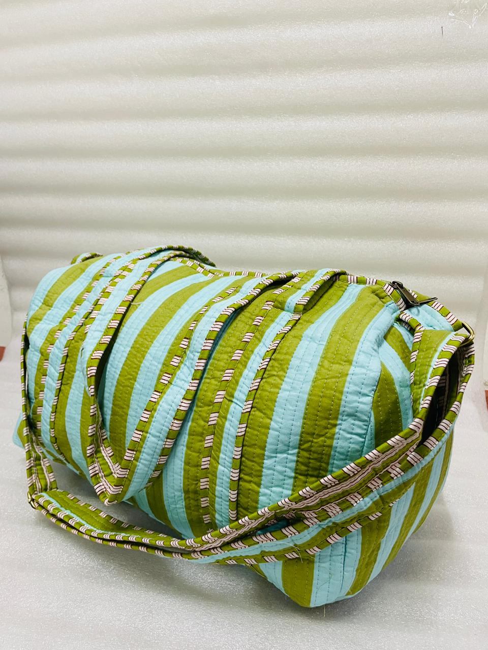 Block Printed Quilted Duffle Bag with Concealed Zip