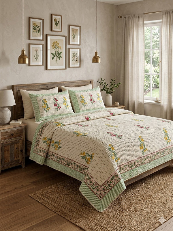 Super King Size HandBlock Printed Kantha Bedcover with 2 Pillow covers (108x108 inches)