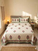 Super King Size HandBlock Printed Kantha Bedcover with 2 Pillow covers (108x108 inches)