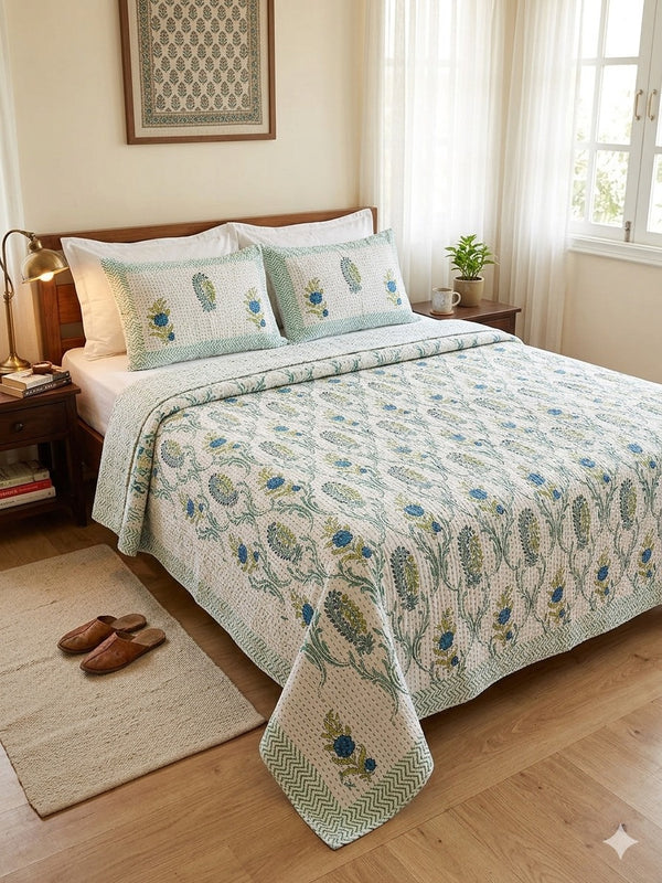Super King Size HandBlock Printed Kantha Bedcover with 2 Pillow covers (108x108 inches)