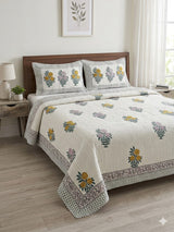 Super King Size HandBlock Printed Kantha Bedcover with 2 Pillow covers (108x108 inches)
