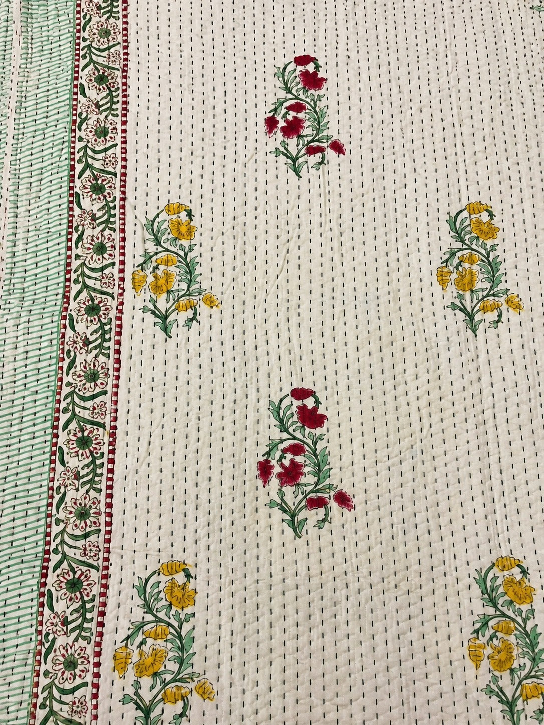 Super King Size HandBlock Printed Kantha Bedcover with 2 Pillow covers (108x108 inches)