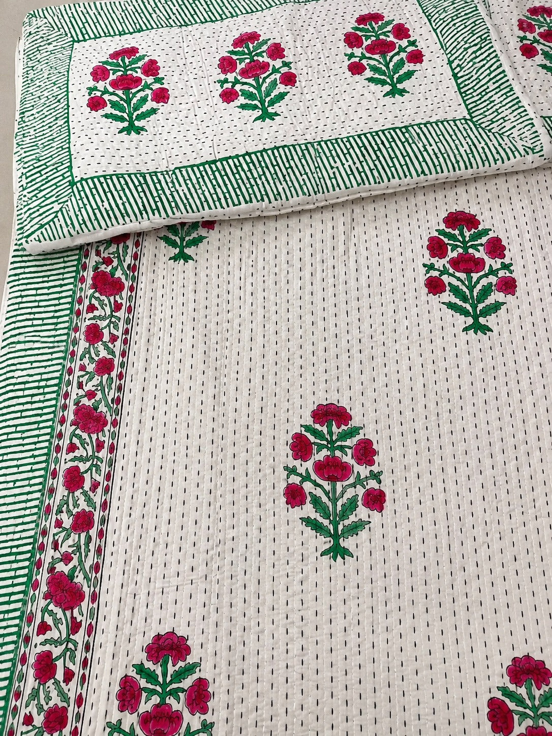 Super King Size HandBlock Printed Kantha Bedcover with 2 Pillow covers (108x108 inches)