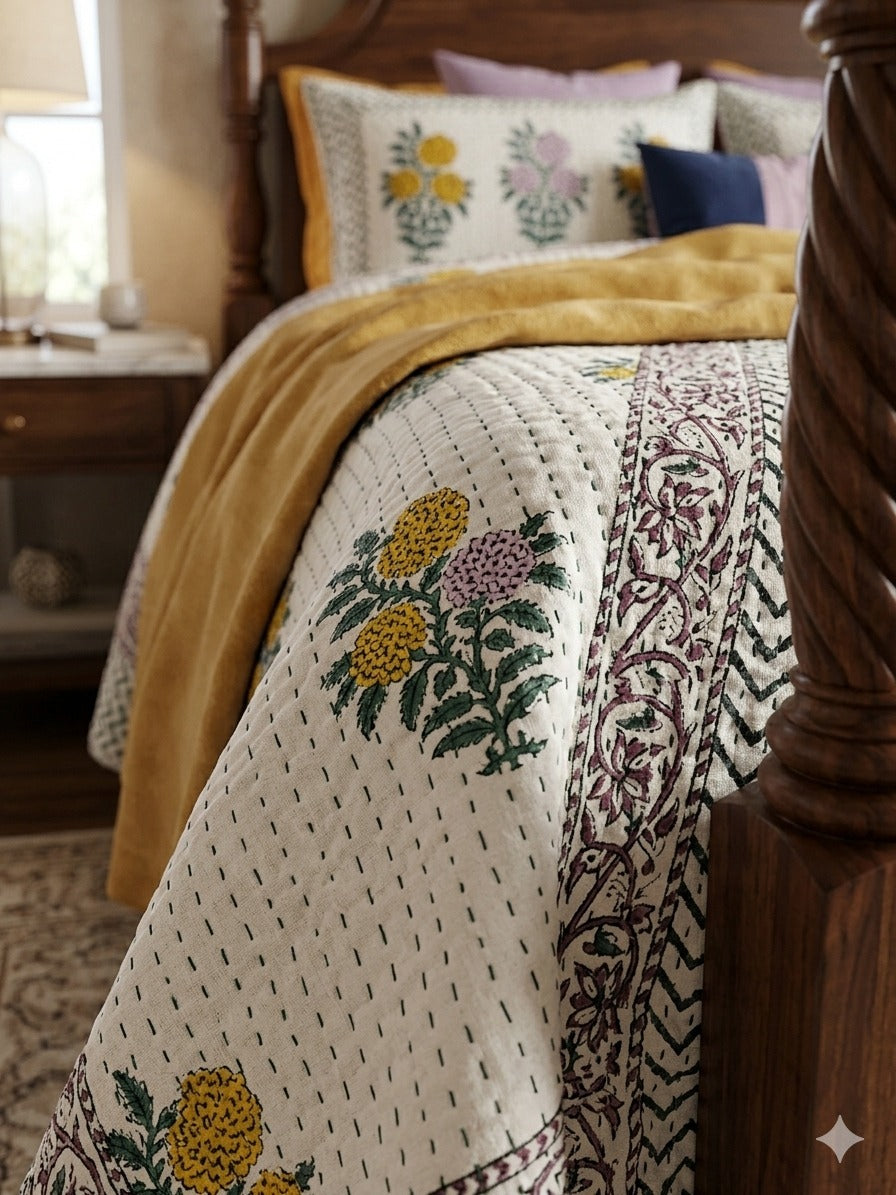 Super King Size HandBlock Printed Kantha Bedcover with 2 Pillow covers (108x108 inches)