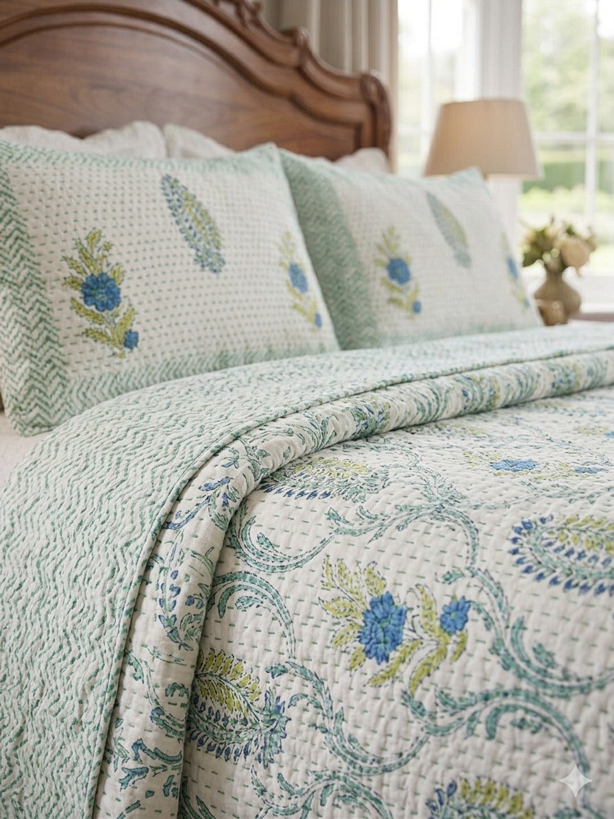 Super King Size HandBlock Printed Kantha Bedcover with 2 Pillow covers (108x108 inches)