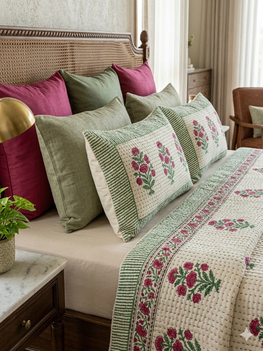 Super King Size HandBlock Printed Kantha Bedcover with 2 Pillow covers (108x108 inches)