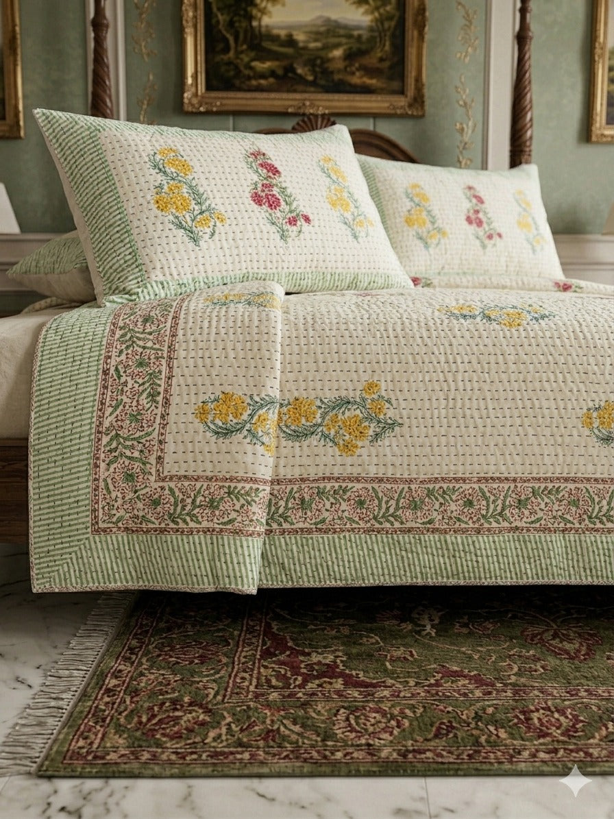 Super King Size HandBlock Printed Kantha Bedcover with 2 Pillow covers (108x108 inches)