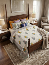 Super King Size HandBlock Printed Kantha Bedcover with 2 Pillow covers (108x108 inches)