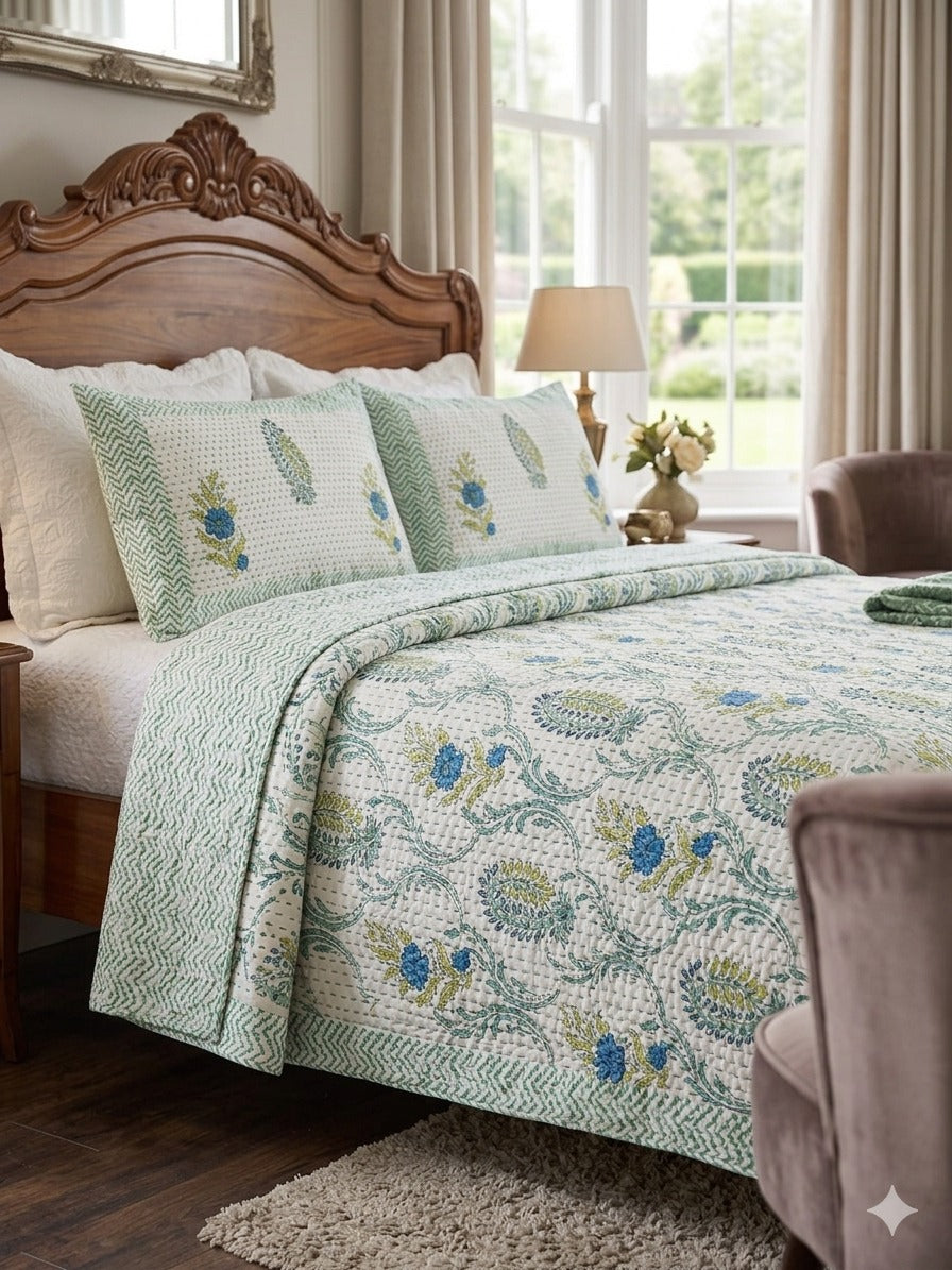 Super King Size HandBlock Printed Kantha Bedcover with 2 Pillow covers (108x108 inches)