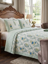 Super King Size HandBlock Printed Kantha Bedcover with 2 Pillow covers (108x108 inches)