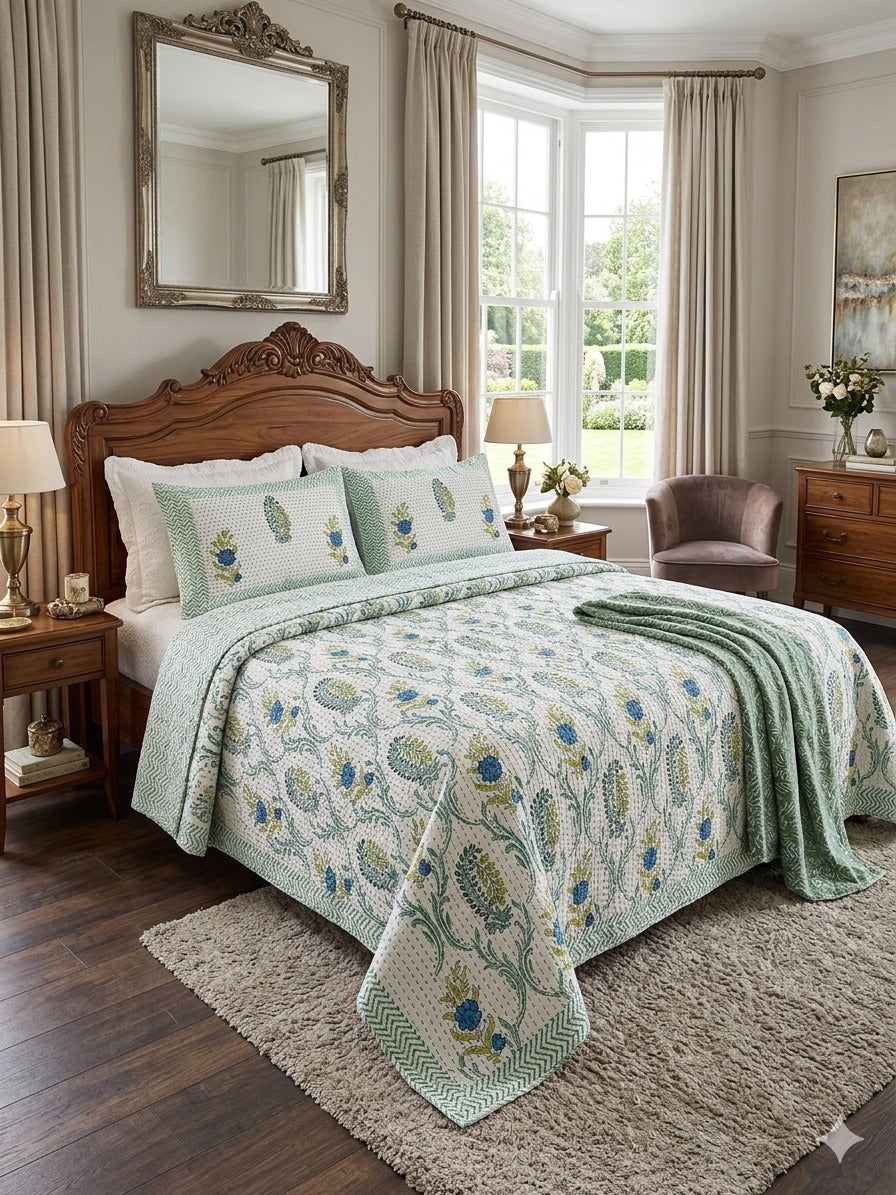 Super King Size HandBlock Printed Kantha Bedcover with 2 Pillow covers (108x108 inches)