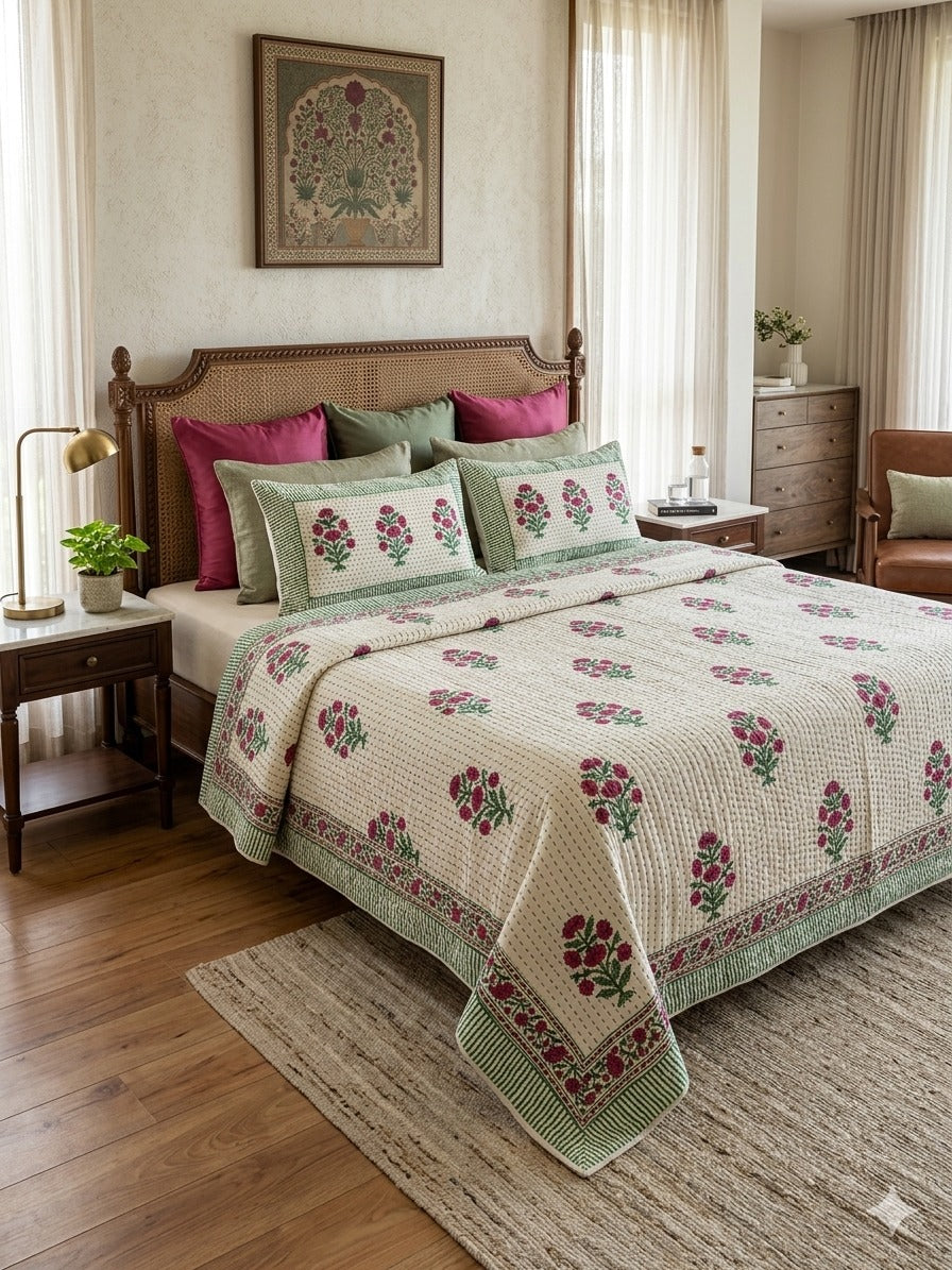 Super King Size HandBlock Printed Kantha Bedcover with 2 Pillow covers (108x108 inches)