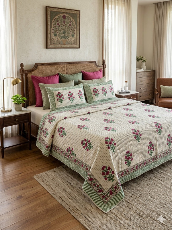 Super King Size HandBlock Printed Kantha Bedcover with 2 Pillow covers (108x108 inches)
