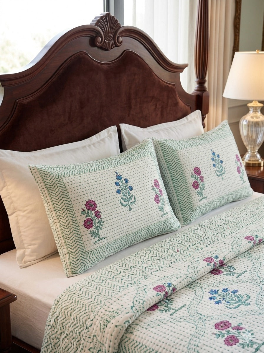 Super King Size HandBlock Printed Kantha Bedcover with 2 Pillow covers (108x108 inches)