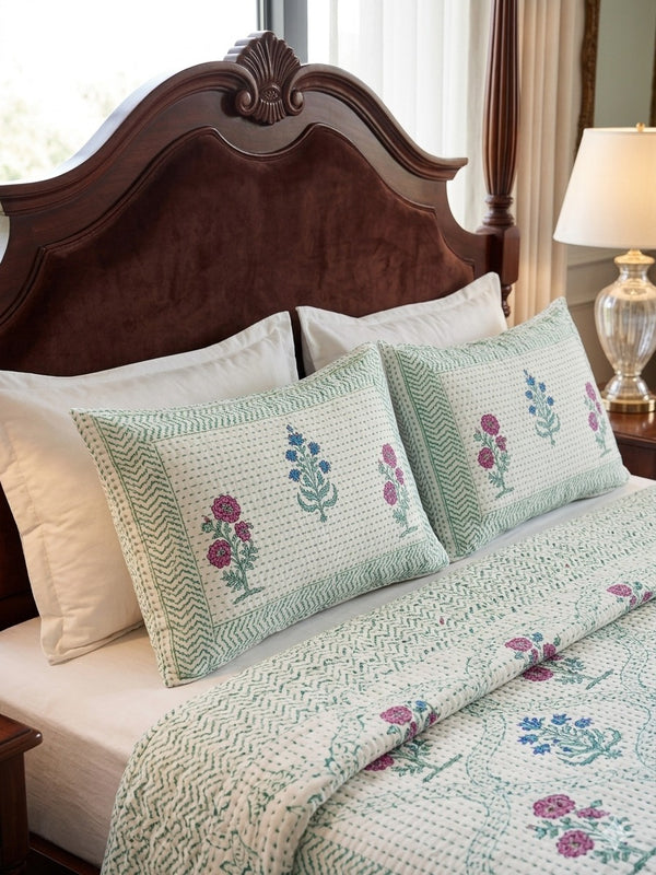 Super King Size HandBlock Printed Kantha Bedcover with 2 Pillow covers (108x108 inches)