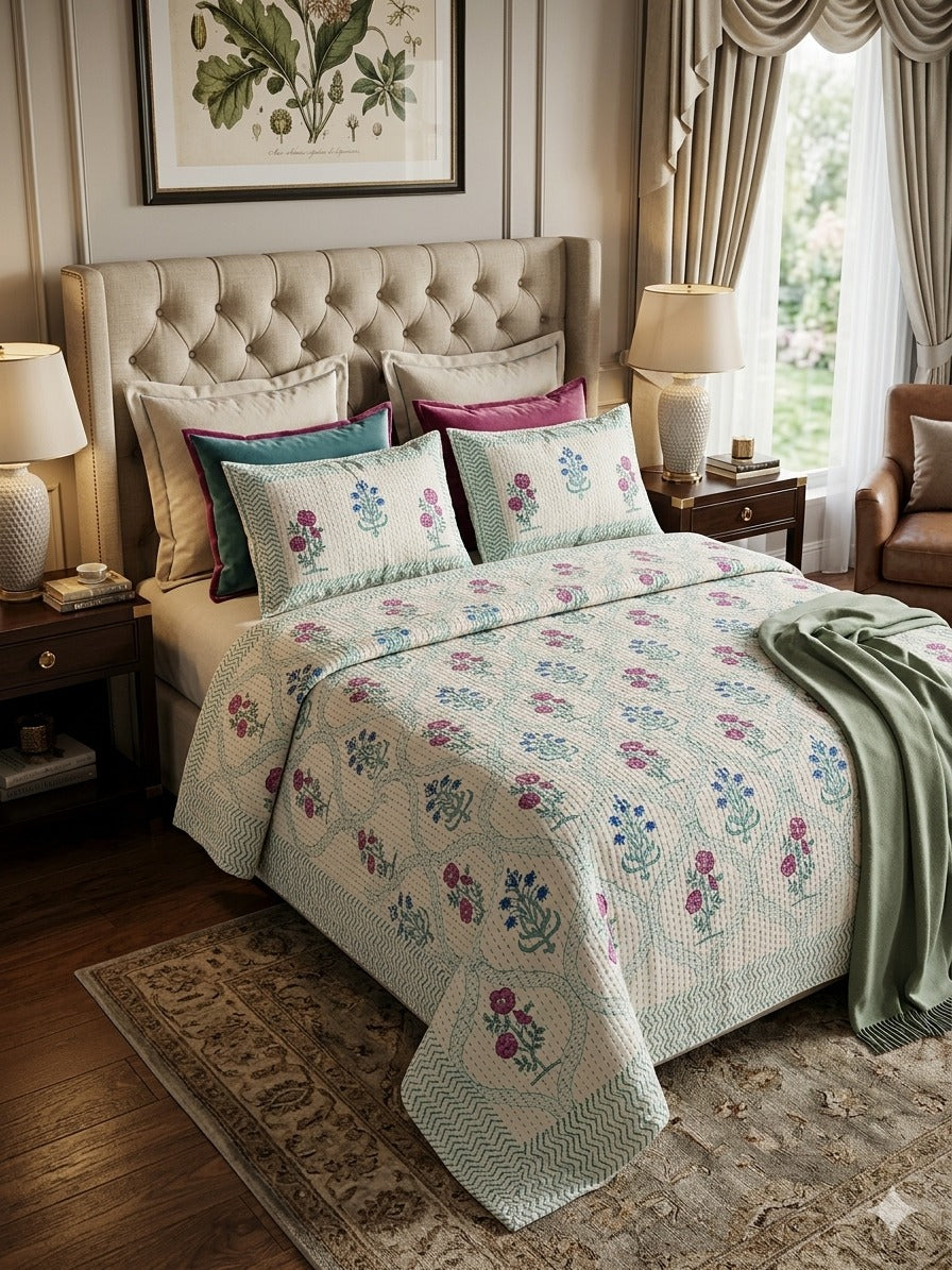 Super King Size HandBlock Printed Kantha Bedcover with 2 Pillow covers (108x108 inches)
