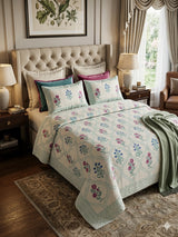 Super King Size HandBlock Printed Kantha Bedcover with 2 Pillow covers (108x108 inches)