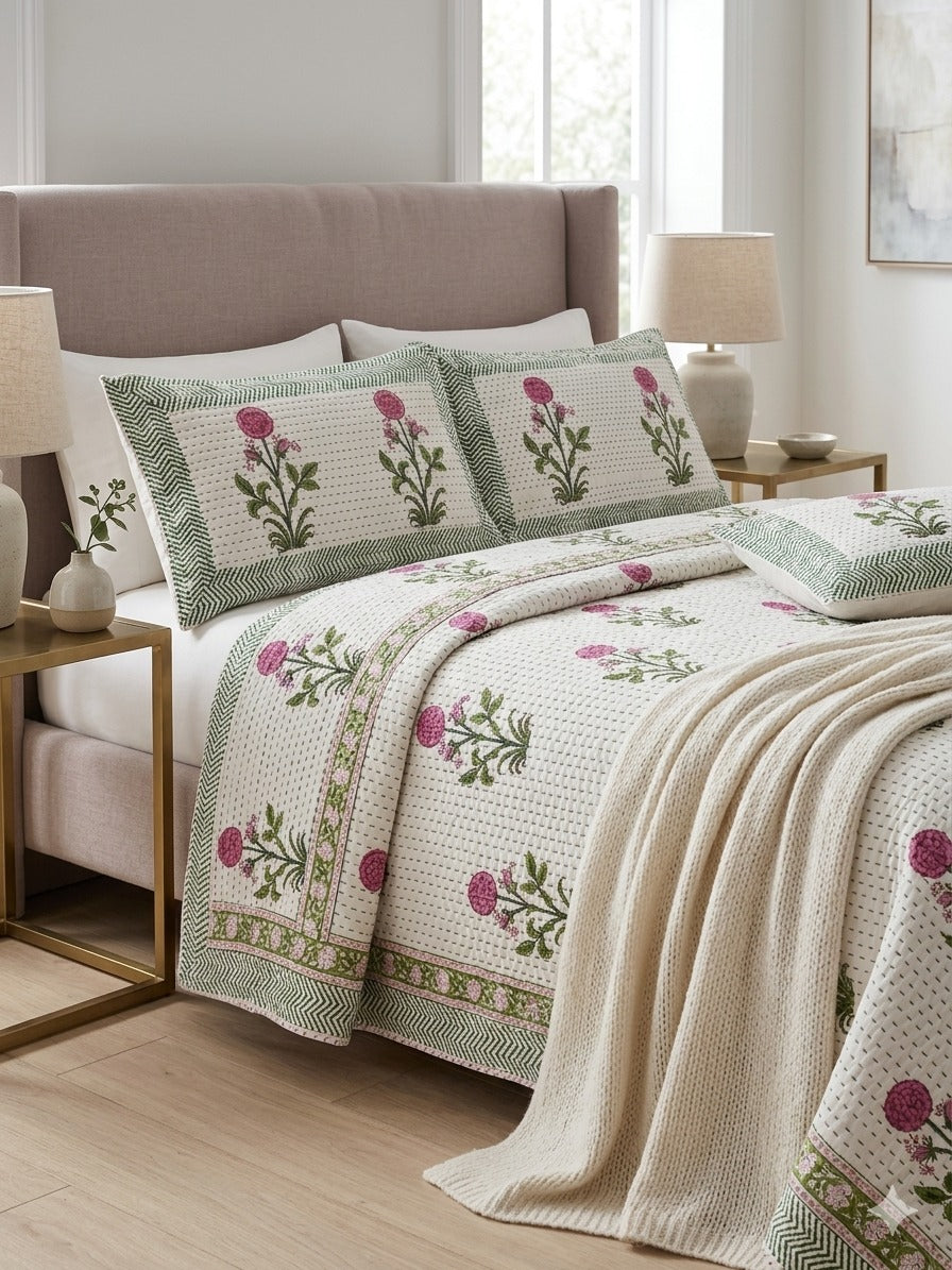 Super King Size HandBlock Printed Kantha Bedcover with 2 Pillow covers (108x108 inches)