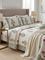 Super King Size HandBlock Printed Kantha Bedcover with 2 Pillow covers (108x108 inches)