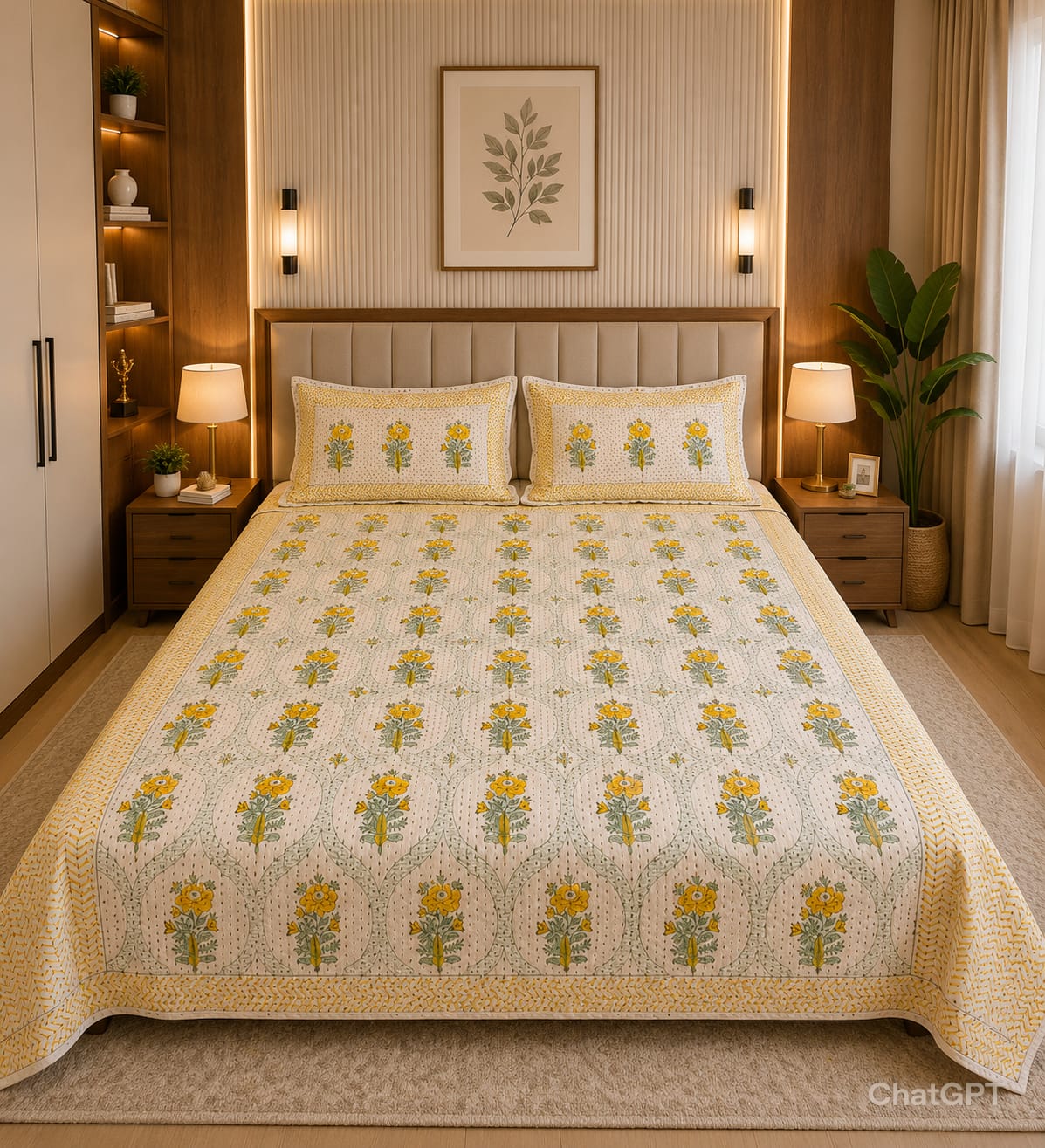 Super King Size HandBlock Printed Kantha Bedcover with 2 Pillow covers (108x108 inches)