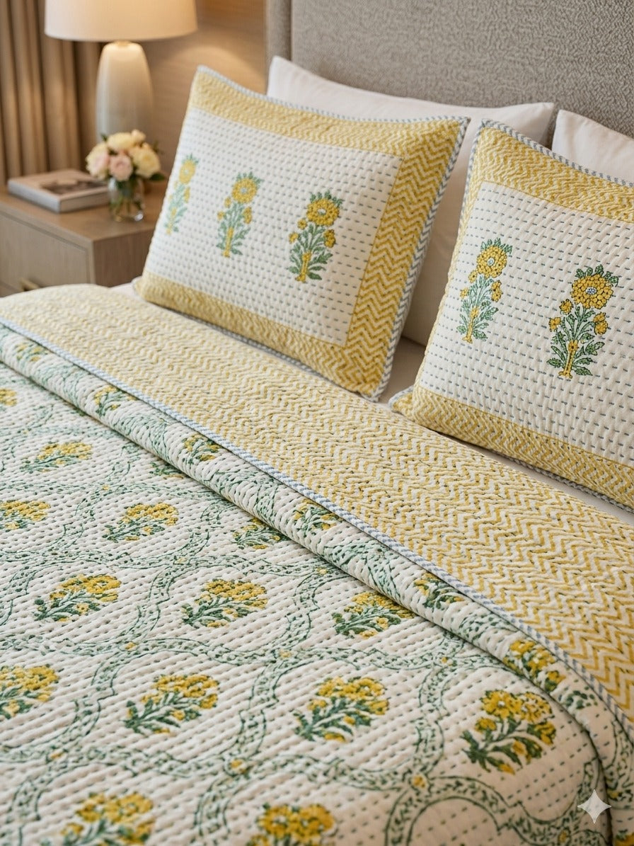 Super King Size HandBlock Printed Kantha Bedcover with 2 Pillow covers (108x108 inches)