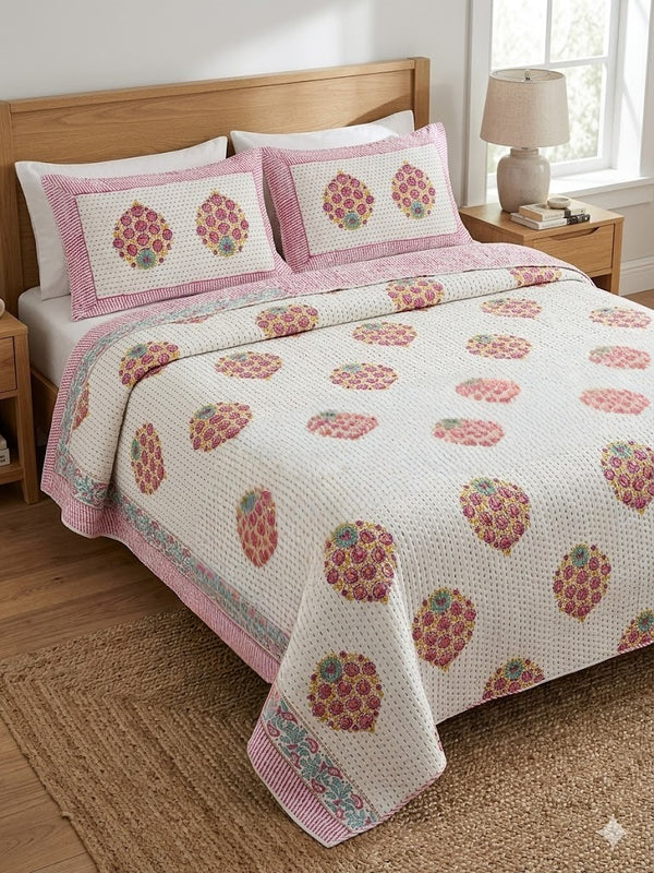 Super King Size HandBlock Printed Kantha Bedcover with 2 Pillow covers (108x108 inches)