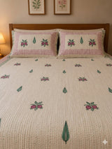 Super King Size HandBlock Printed Kantha Bedcover with 2 Pillow covers (108x108 inches)