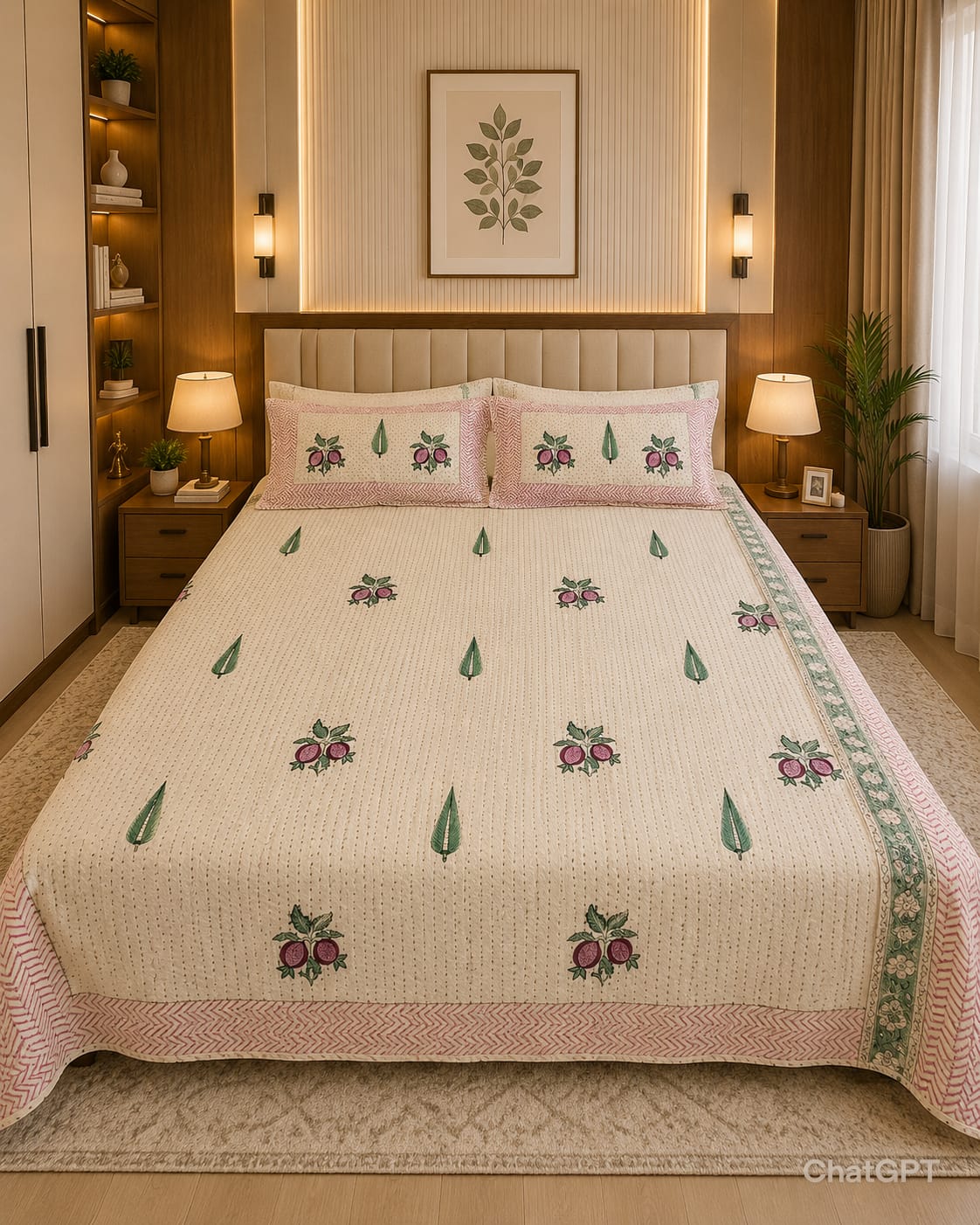 Super King Size HandBlock Printed Kantha Bedcover with 2 Pillow covers (108x108 inches)