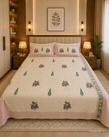 Super King Size HandBlock Printed Kantha Bedcover with 2 Pillow covers (108x108 inches)