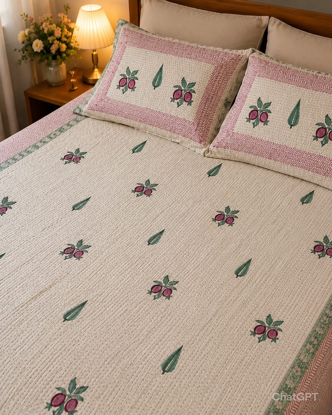 Super King Size HandBlock Printed Kantha Bedcover with 2 Pillow covers (108x108 inches)