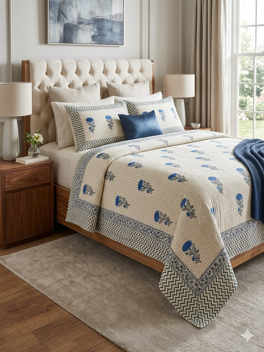 Super King Size HandBlock Printed Kantha Bedcover with 2 Pillow covers (108x108 inches)