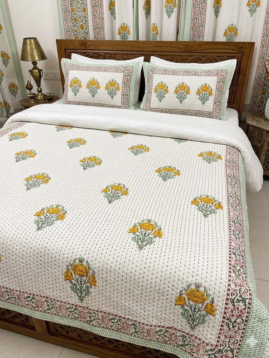 Super King Size HandBlock Printed Kantha Bedcover with 2 Pillow covers (108x108 inches)