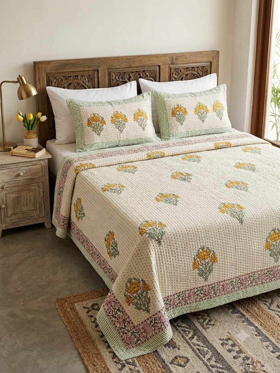 Super King Size HandBlock Printed Kantha Bedcover with 2 Pillow covers (108x108 inches)