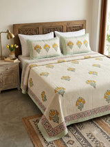 Super King Size HandBlock Printed Kantha Bedcover with 2 Pillow covers (108x108 inches)
