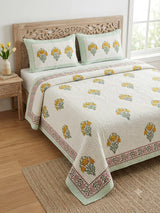 Super King Size HandBlock Printed Kantha Bedcover with 2 Pillow covers (108x108 inches)