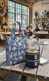 Handblock Printed Insulated Lunch Bag in Canvas Cotton with Zipper Closure (10*14*5  inches)