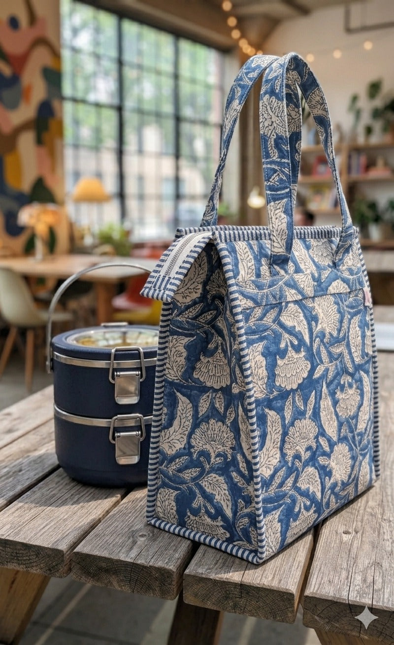 Handblock Printed Insulated Lunch Bag in Canvas Cotton with Zipper Closure (10*14*5  inches)