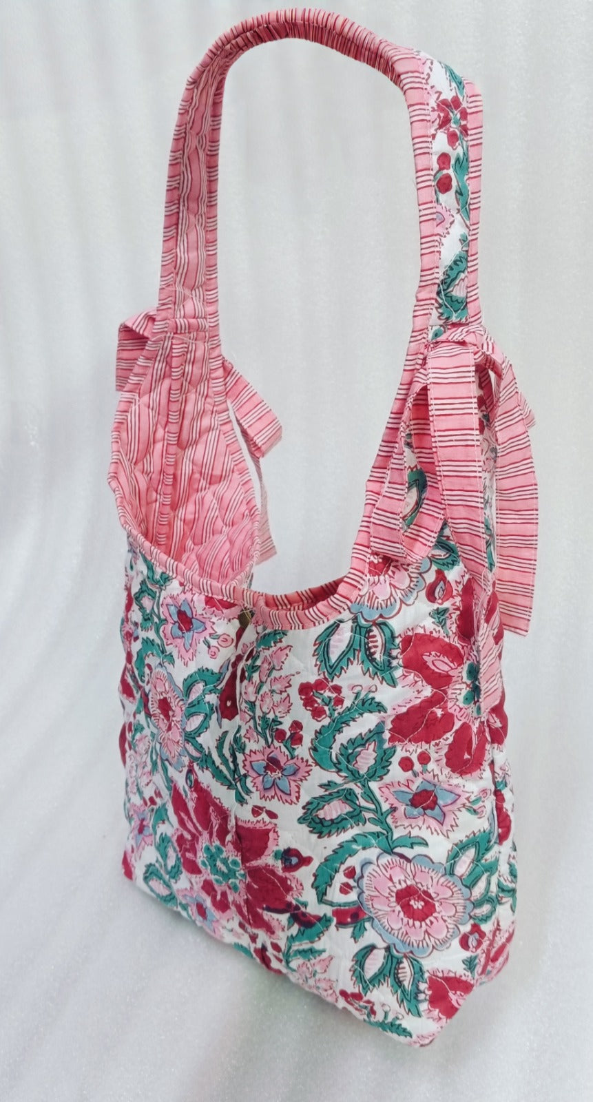 Quilted Handblock printed Slouch Shoulder Bag with bow