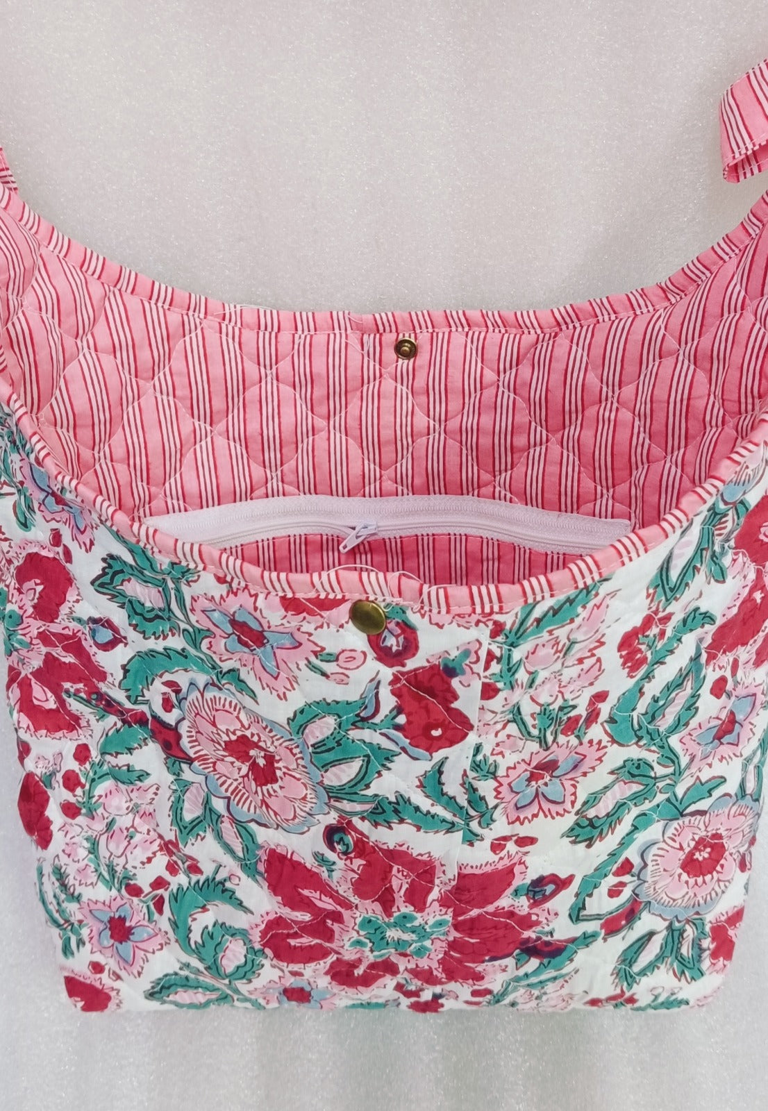 Quilted Handblock printed Slouch Shoulder Bag with bow