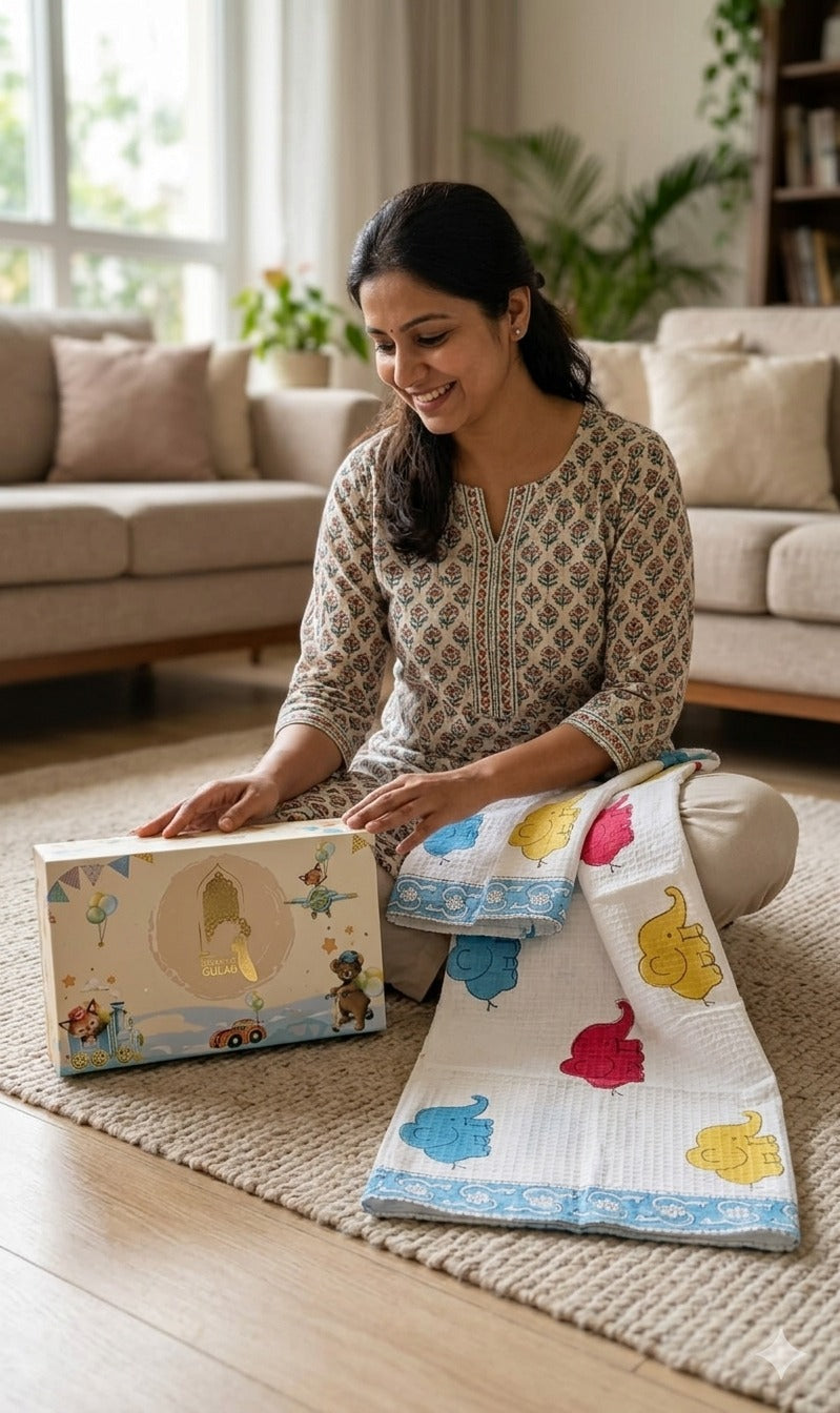 Kids Gift Set - Handblock Printed Towels - 1 Bath + 2 Hand Towels